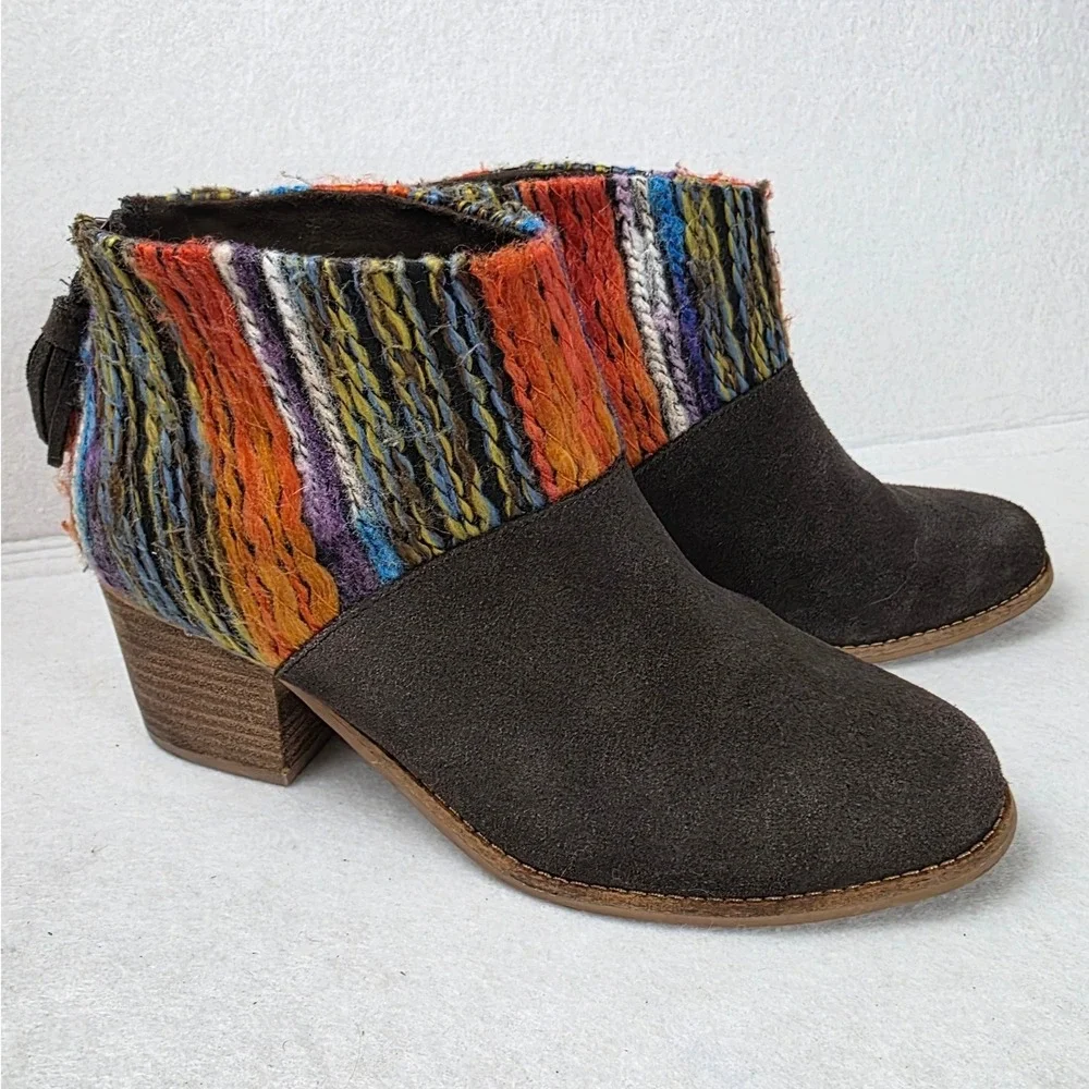 TOMS Lunata Brown Suede Multi Color Woven Tassel Ankle Boots Womens 8.5